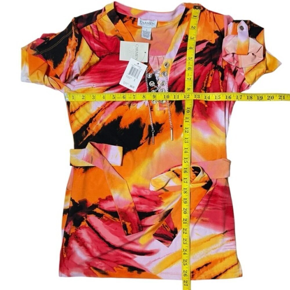 Carmen Marc Valvo Tunic V Neck Chain Long Roll Up Sleeve Tropical Coral Pink SM - Picture 8 of 16